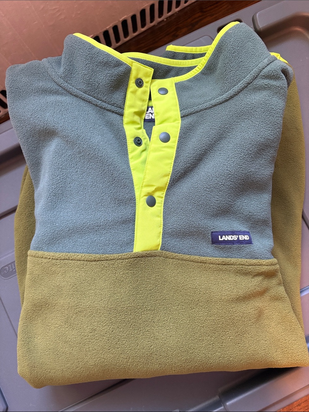 Lands' End Two-Tone Fleece Pullover in Sage, Olive & Neon Trim